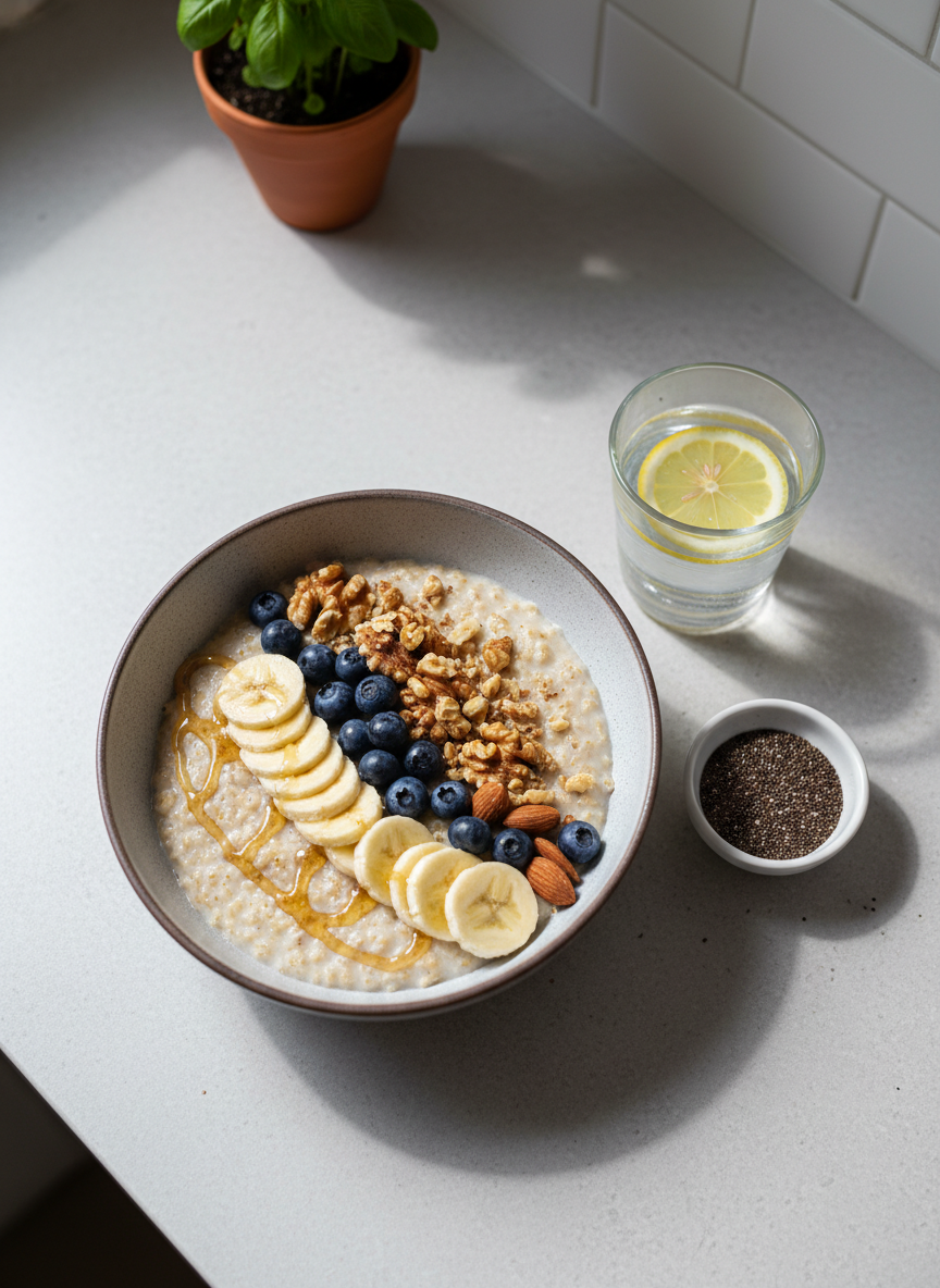A serene breakfast scene featuring a deep bowl of creamy oatmeal topped with sliced banana, blueberries, crushed nuts, and a drizzle of honey, all presented on a smooth, pale stone countertop. A clear glass of water with a lemon slice and a small dish of chia seeds sit nearby, reinforcing balanced hydration and nutrition. Soft overcast daylight from a nearby window creates even, diffused lighting with gentle, natural shadows. The background shows a subtly blurred, tidy kitchen corner with a potted herb plant. Captured from a top-down, bird’s-eye view with a balanced composition, the image communicates calm, mindful eating and professional dietary care in a realistic, modern photographic style.