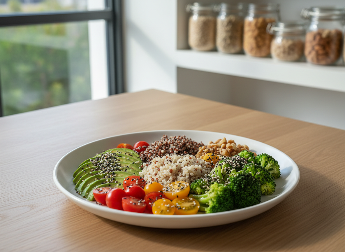A meticulously arranged plate of vibrant, fresh vegetables and whole grains on a matte white ceramic dish, featuring sliced avocado, cherry tomatoes, quinoa, steamed broccoli, and a sprinkle of seeds. The plate rests on a light oak wooden table near a large kitchen window. Soft morning daylight diffuses across the scene, highlighting the textures of the food and creating gentle, natural shadows. In the softly blurred background, clean glass jars filled with legumes and nuts sit on a shelf. Shot at eye level with a slight angle and shallow depth of field, the composition feels calm, professional, and inviting, in a clean, photographic realism style suited to a nutritionist’s website.