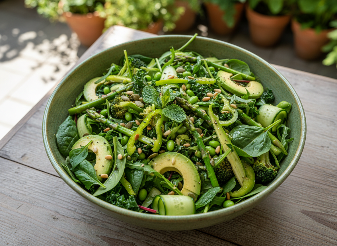 Une photo de salade équilibrée, fraîche et colorée, dans des tons verts et organiques, avec une ambiance naturelle et lumineuse