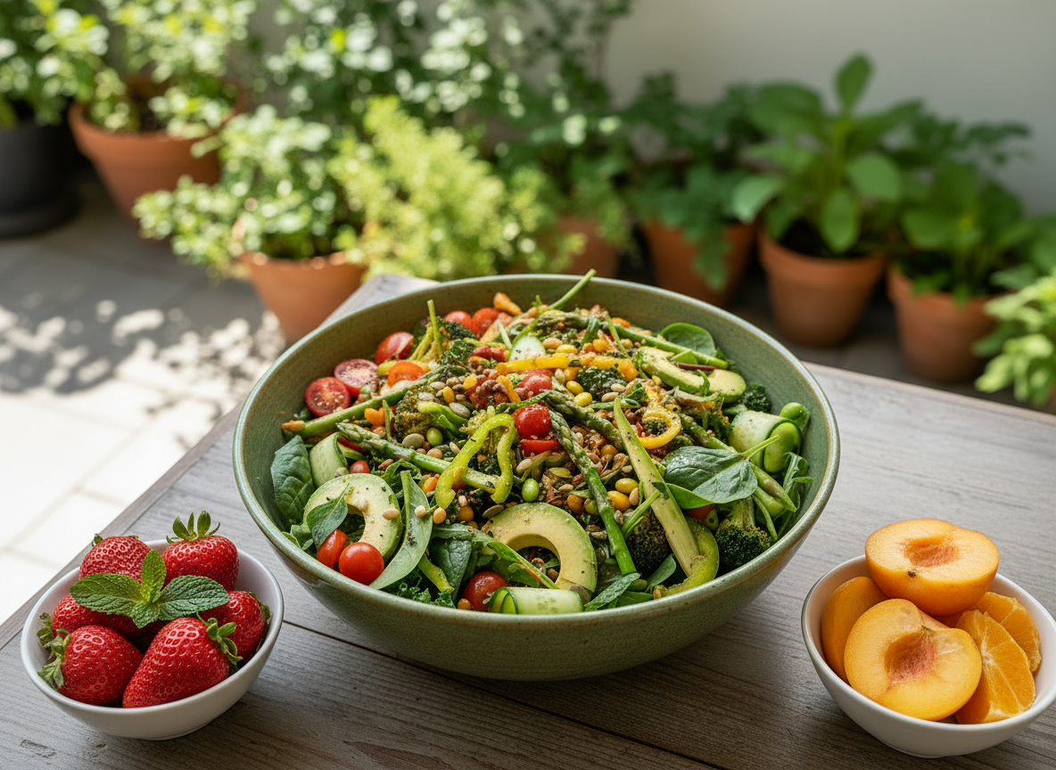 Une photo premium et lumineuse présentant un assortiment de fruits et légumes colorés (verts, rouges, oranges, jaunes) avec des légumineuses (pois chiches, lentilles) dans des bols élégants, sur une table naturelle, dans un style organique et haut de gamme, vue en légère plongée.