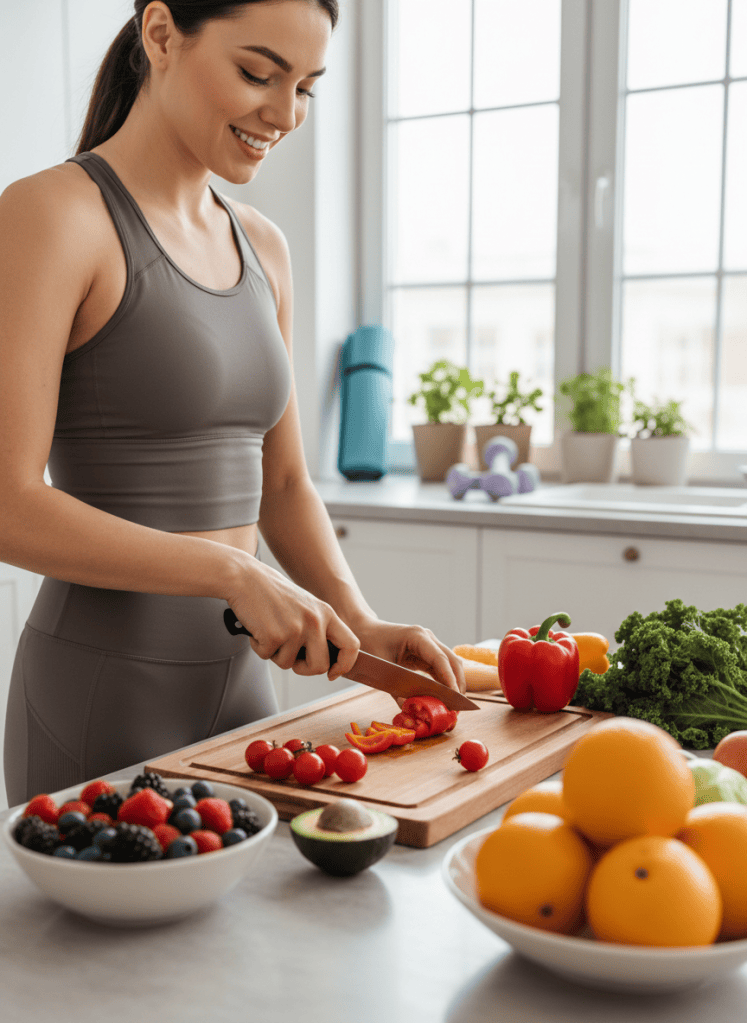 Une image verticale et lumineuse montrant une personne en tenue de sport préparant un repas sain, avec des légumes colorés, des fruits et éventuellement des haltères légers ou un tapis de yoga en arrière-plan, style photo professionnelle chaleureuse