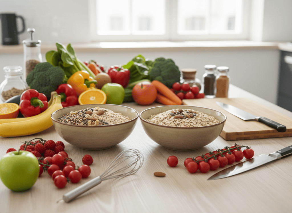 bandeau horizontal ambiance nutrition et alimentation saine, vue en largeur, avec fruits, légumes frais, bols de céréales complètes et ustensiles de cuisine modernes, style photo professionnelle lumineuse et naturelle