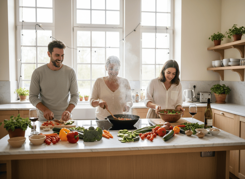 Des personnes qui cuisinent ensemble des légumes dans une cuisine lumineuse, ambiance chaleureuse et conviviale, style photo réaliste